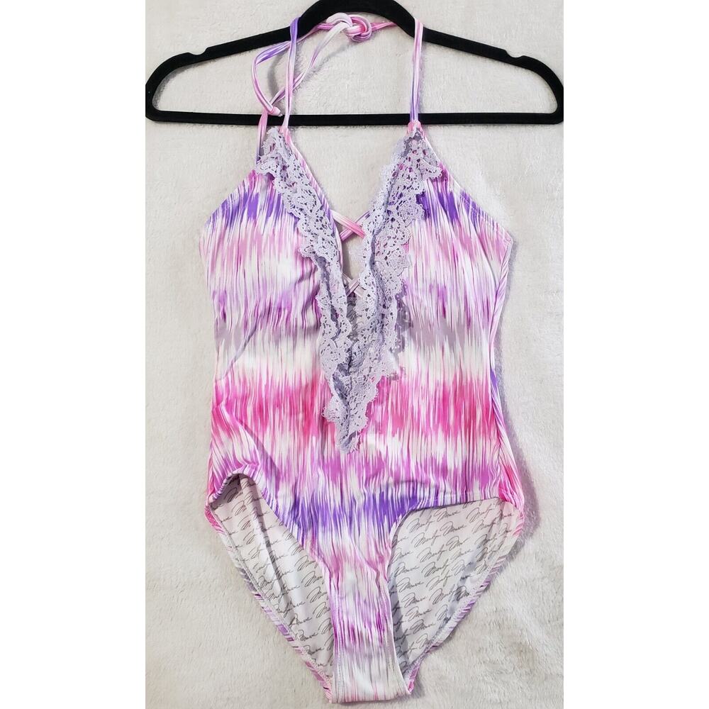 Marilyn Monroe One Piece SwimSuit Women's Small Purple Pink Lace Deep V Halter